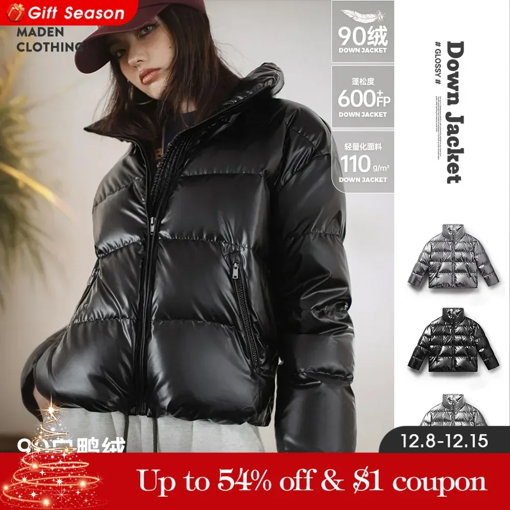 Maden Casual Shiny 90% White Duck Down Jacket Short Stand-up Collar Warm Puffer Jacket for Women Fall and Winter Thickened Coat