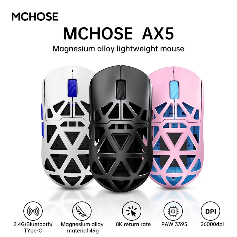 Mchose AX5 Magnesium alloy Wireless Mouse Paw3395 Sensor 8Khz Chip three-mode Fps Gaming Mouse 49g Lightweight Hollow Out Mouse