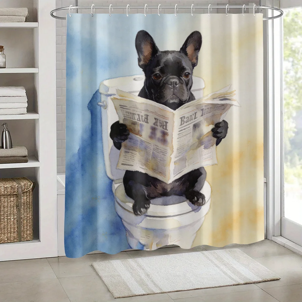 Funny French Bulldog Dog Reading Newspaper Shower Curtain Pet Decor Waterproof Bathroom Liner for Modern Home 180x180cm