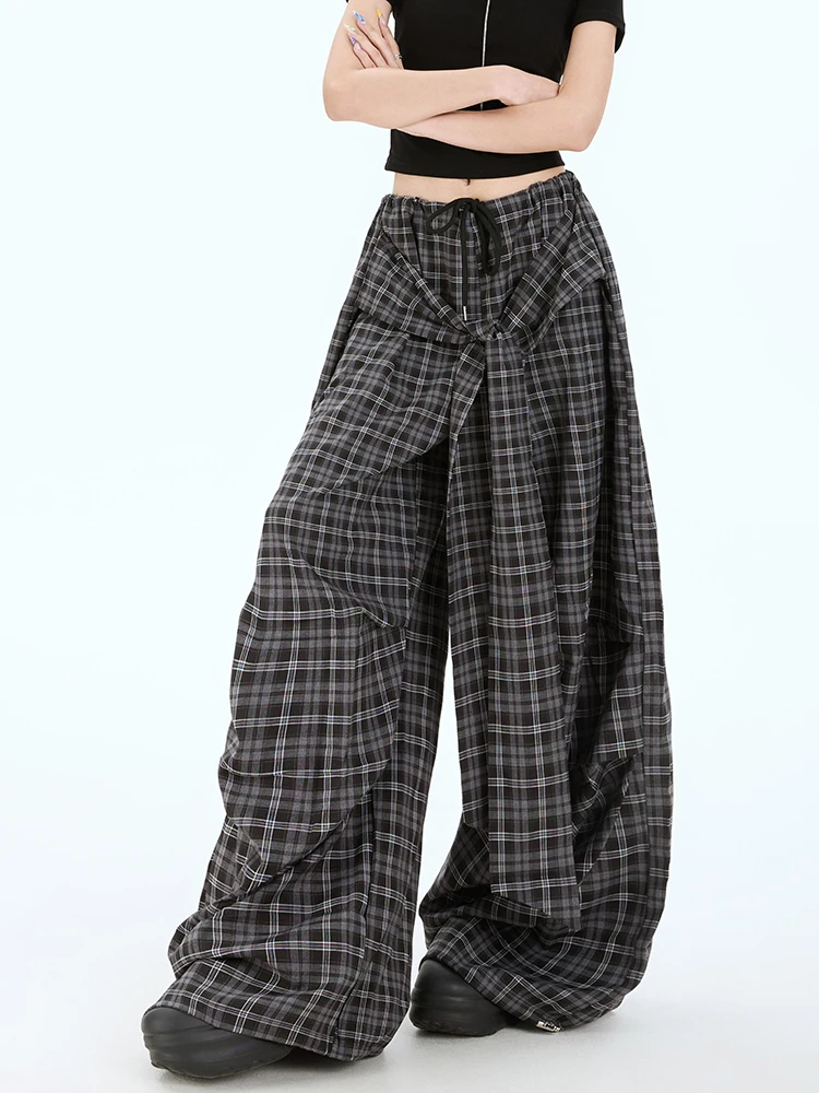 Y2K High Waisted Checkered Pants Women Retro Black White Wide Leg Summer Floor Length Straight Leg Versatile Casual Fashion