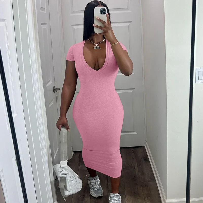 Solid Short Sleeve V-neck Bodycon Maxi Dress for Women 2023 Summer Casual Ribbed Party Dress Elegant Sexy Club Dress Streetwear