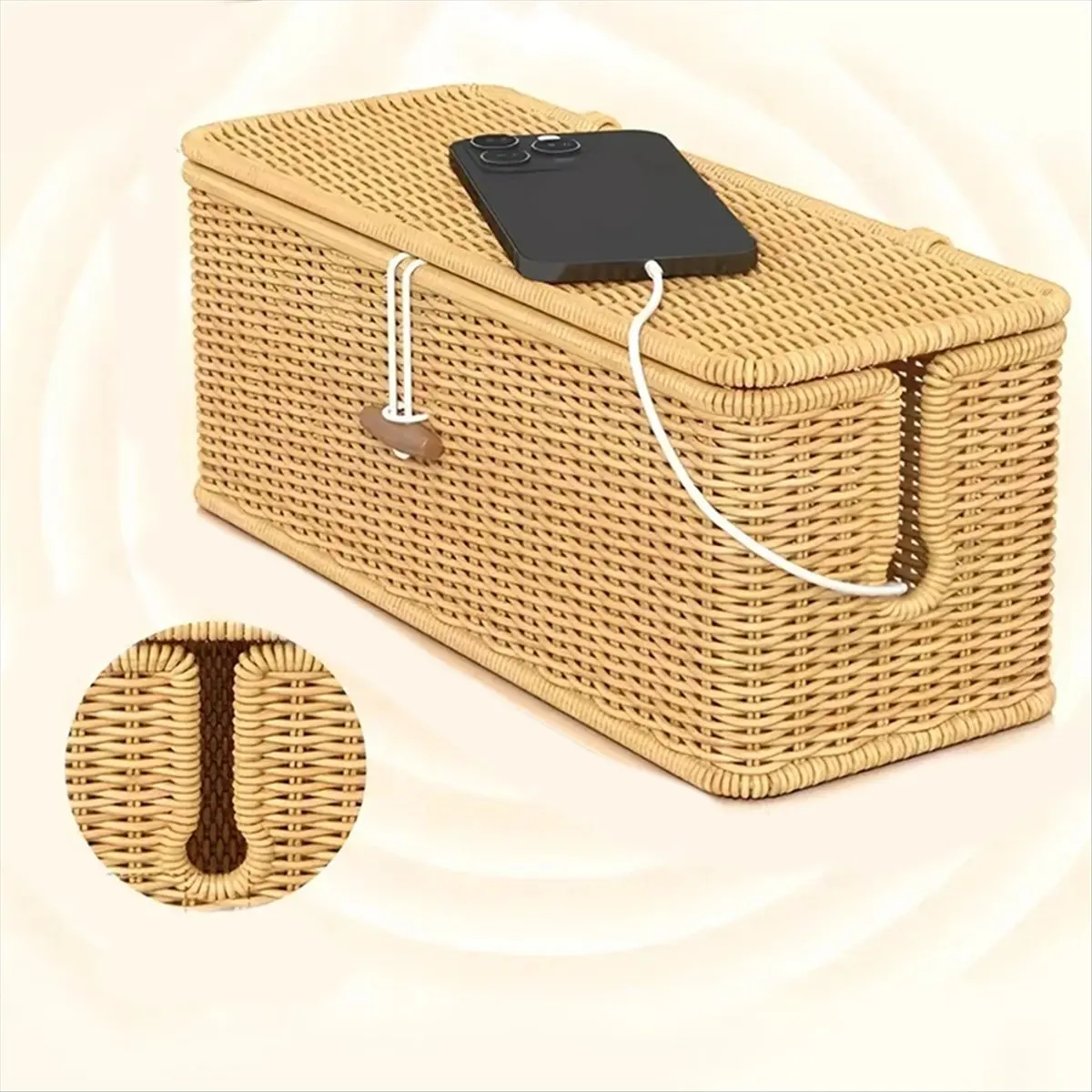 Y69A Cable Management Box,Imitation Rattan Cable Organizer Box,2 Open Slots Cords Hider Box Under Desk Cord Organize