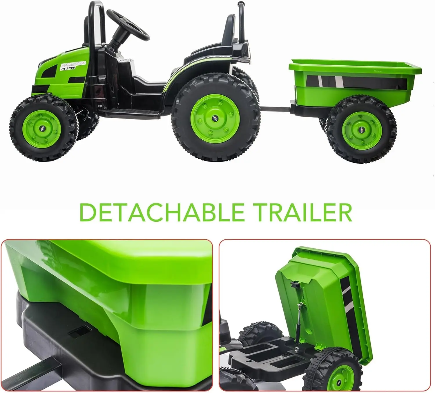 Samochód ciężarówka do jazdy dla chłopców i dziewcząt, traktor dla dzieci z podwójnym silnikiem 35W z odłączanym przyczepą, muzyką, światłami LED i pasami bezpieczeństwa.