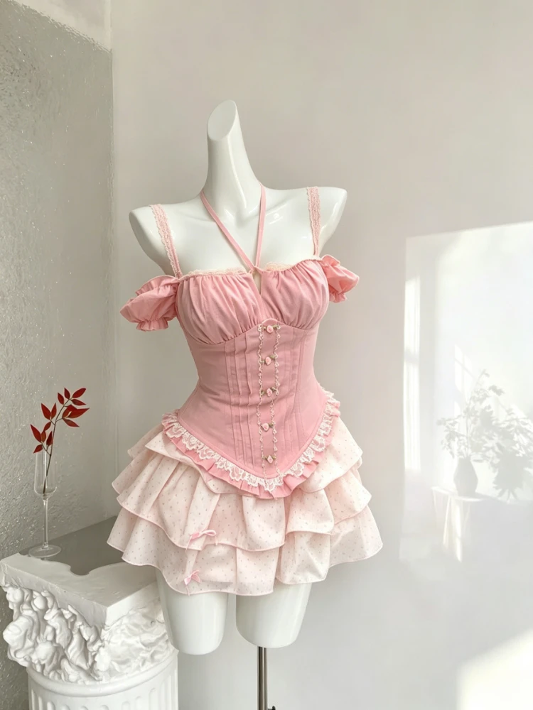 

Summer Casual Sweet 2 Piece Set for Women Lace Halter Tops + Gauze Layered Cake Mini Skirt Chic Retro Sexy Daily Female Outfits