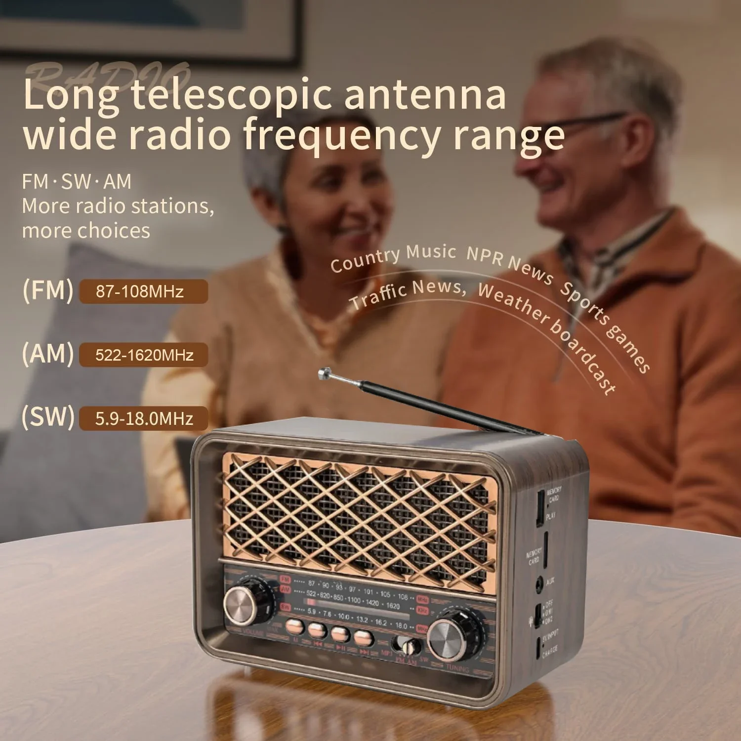 المحمولة خمر FM AM SW راديو كلاسيكي ريترو كامل النطاق أجهزة الراديو استقبال سماعة لاسلكية تعمل بالبلوتوث المتكلم دعم LED Llight TF USB AUX