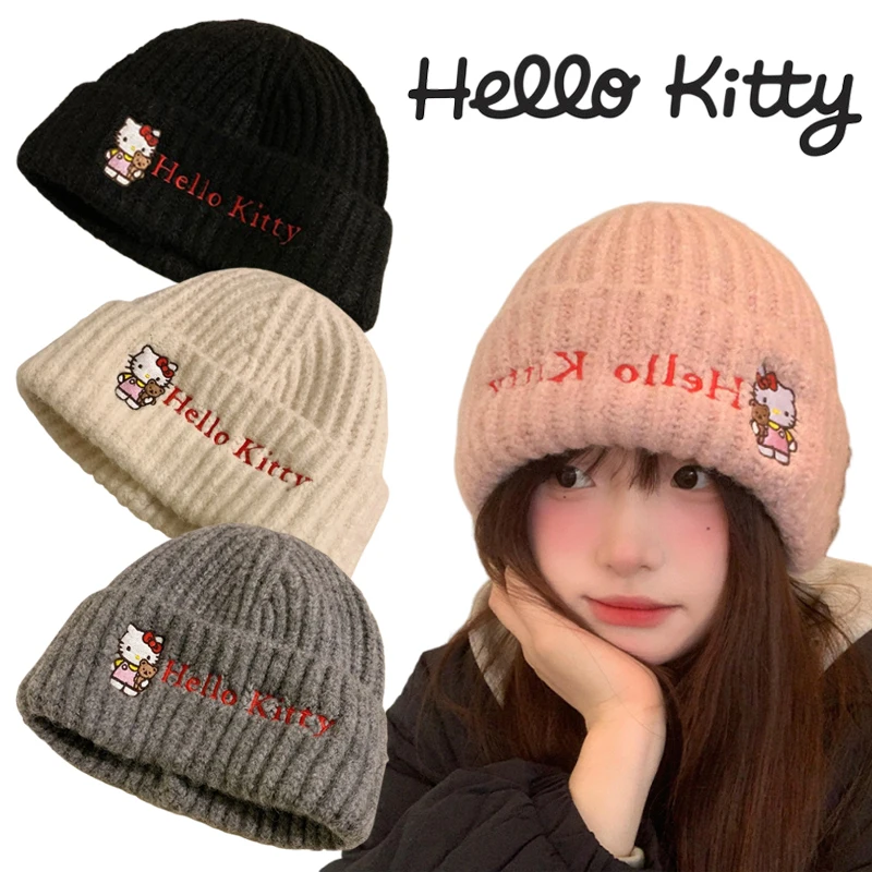 Hello Kitty Knitted Cap Cartoon Embroidery Beanies Winter Warm Ear Protection Hats Women Outdoor Riding Windproof Woolen Hat