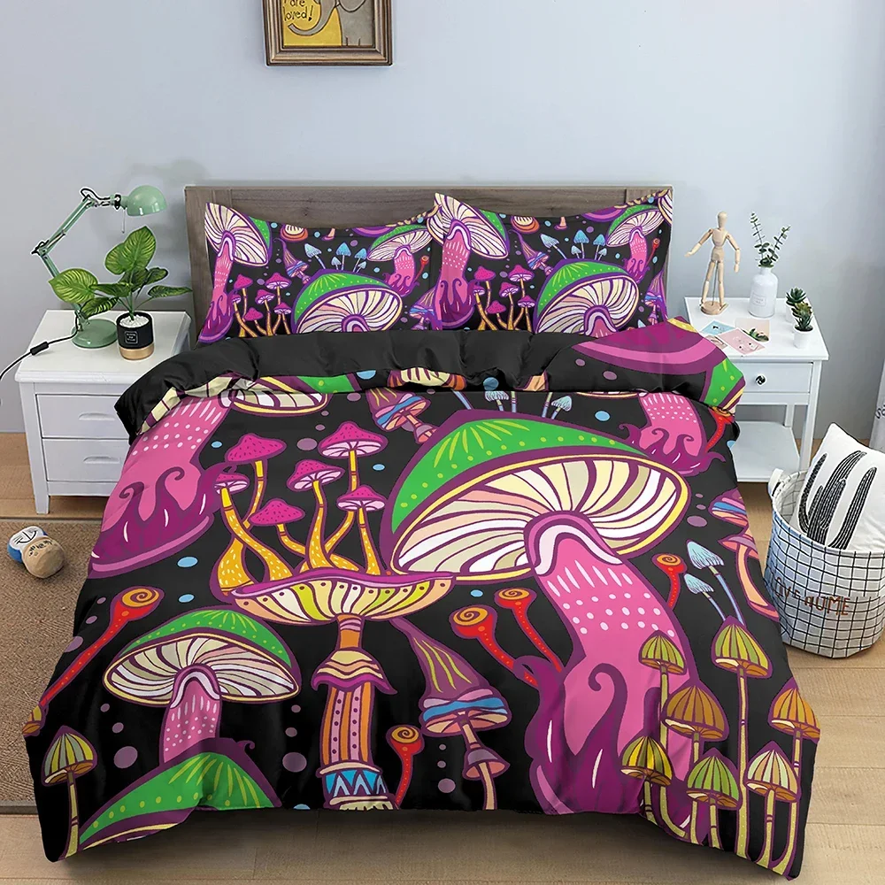 Mushroom Duvet Cover Set Trippy Drawing Hippie Design Psychedelic Bedding Set Comforter Quilt Cover Single Double Queen King 3