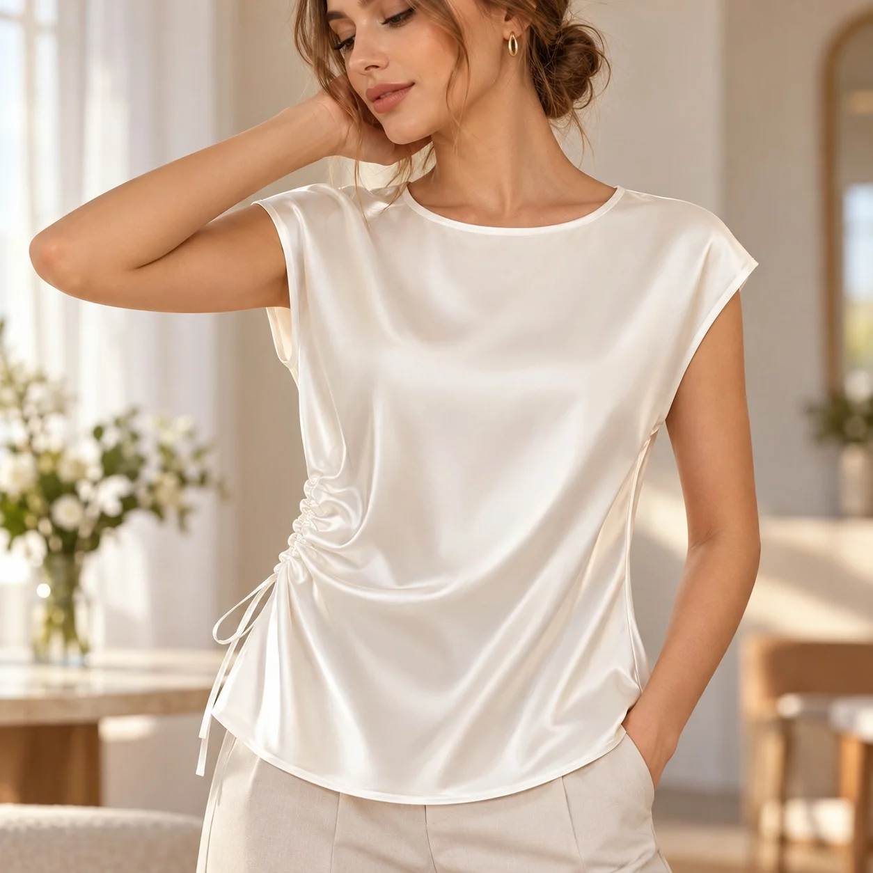 Pullover Drawstring Blouse Regular Fit Simple Commuter Style with Mercerized Round Neck No Pattern Short Sleeve Women Blouse