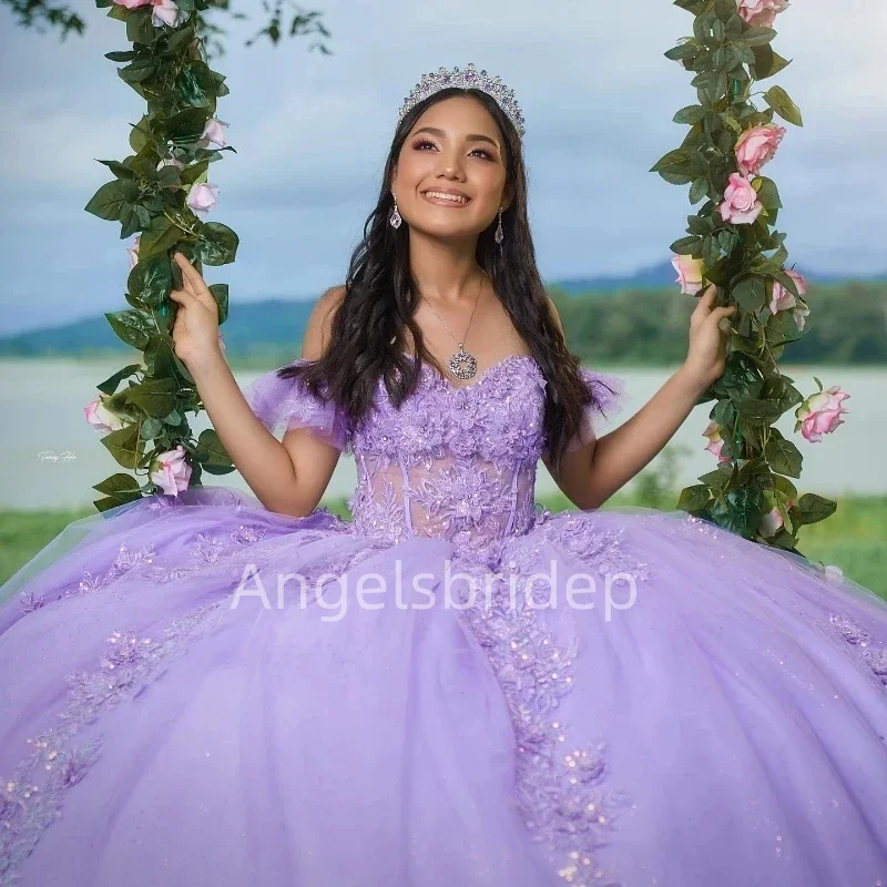 Angelsbride Lavender Off Shoulder Ball Gown Quinceanera Dresses Tulle Appliques Lace Beads Formal Cinderella Birthday Sweet 15