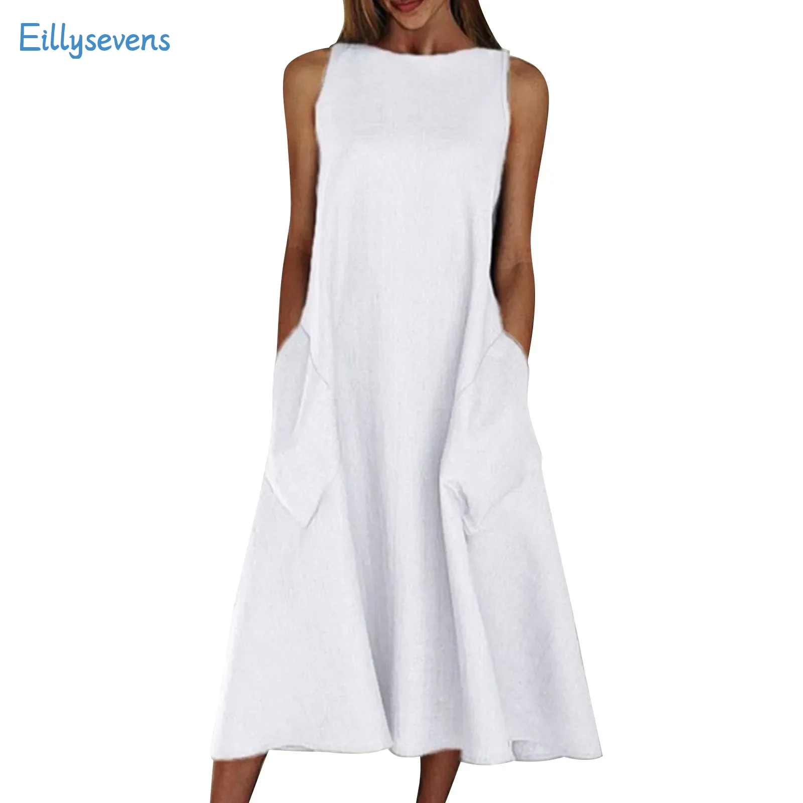 Frauen ärmellose Kleider klassische einfache All-Match lose Baumwolle und Leinen Rundhals-Taschen kleid täglich lässig Urlaubs kleid