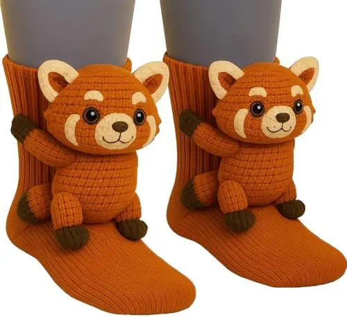 1 Pair Brown Raccoon Hand-Crocheted 3D Socks, Double-Layer Warm Winter Animal Soft -Pilling Hand Washable Cozy (Ideal Christmas