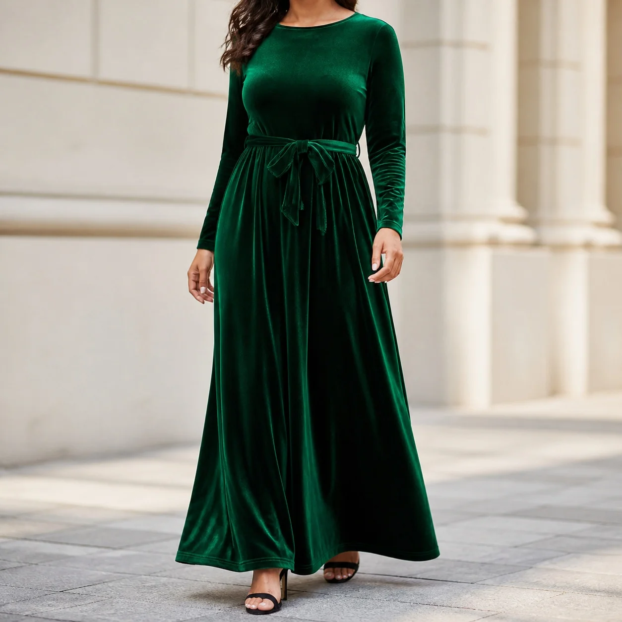 Women's Elegant A-Line Velvet Dress for Wedding Guest Prom Party Wedding Party, Long Sleeve Round Neck Belted Full Skirt
