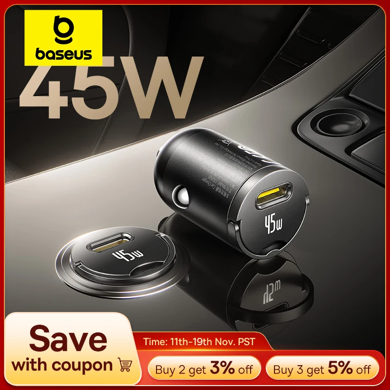 Baseus 45W Mini Car Charger UFCS PPS QC PD Fast Charging For Tablets iPhone 17 16 15 14 13 Samsung Xiaomi Car Phone Charger