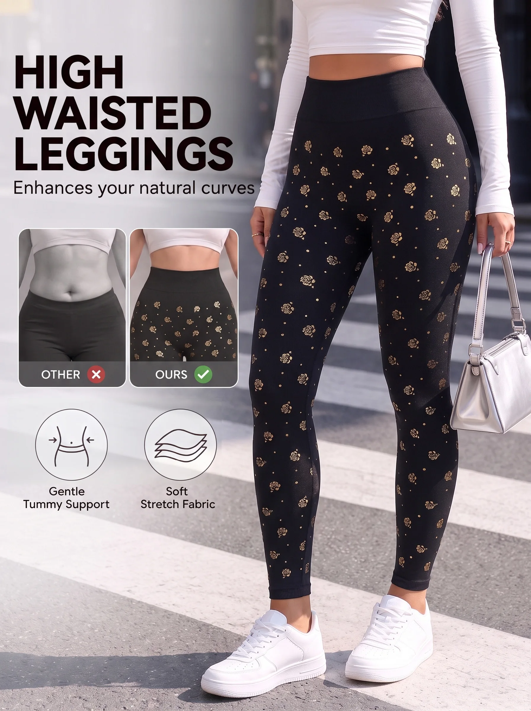 Women’s High Waist Gold Rose Print Leggings Soft High Elasticity Comfortable Casual Pants for Gatherings Shopping Outings