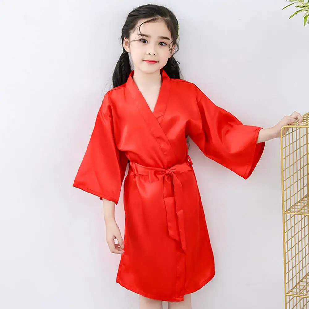 Girls Satin Bath Robe With Belt Summer Silk Robe Solid Color Children's Pajamas Soft Kid Bathrobe Dressing Gown Sleepwear Lounge