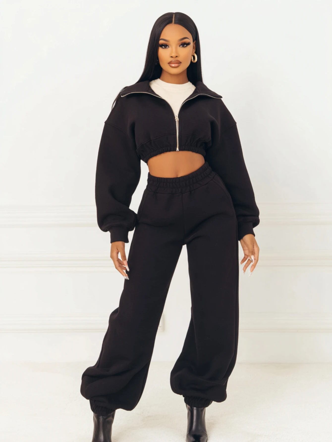 

Mia Muse Boutique женские комплекты осень-зима уличная одежда однотонная укороченная молния с открытой передней частью и длинными рукавами с лацканами до щиколотки комплект брюк