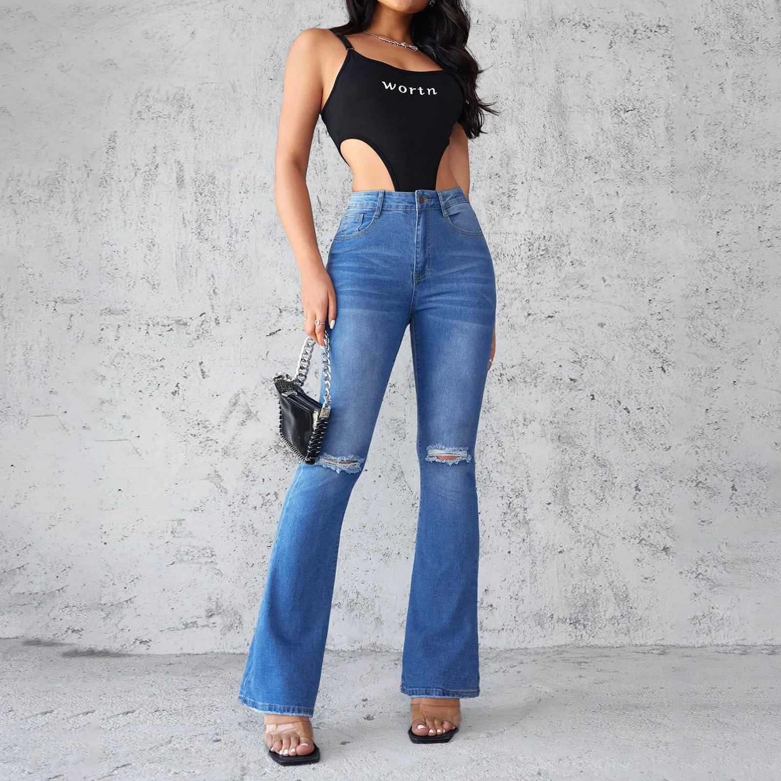 

Women Fashion Ripped Jeans 2024 Washed Denim Flared Pants High Waisted Elastic Cowboy Trousers Baggy Jean Pantalones De Mujer