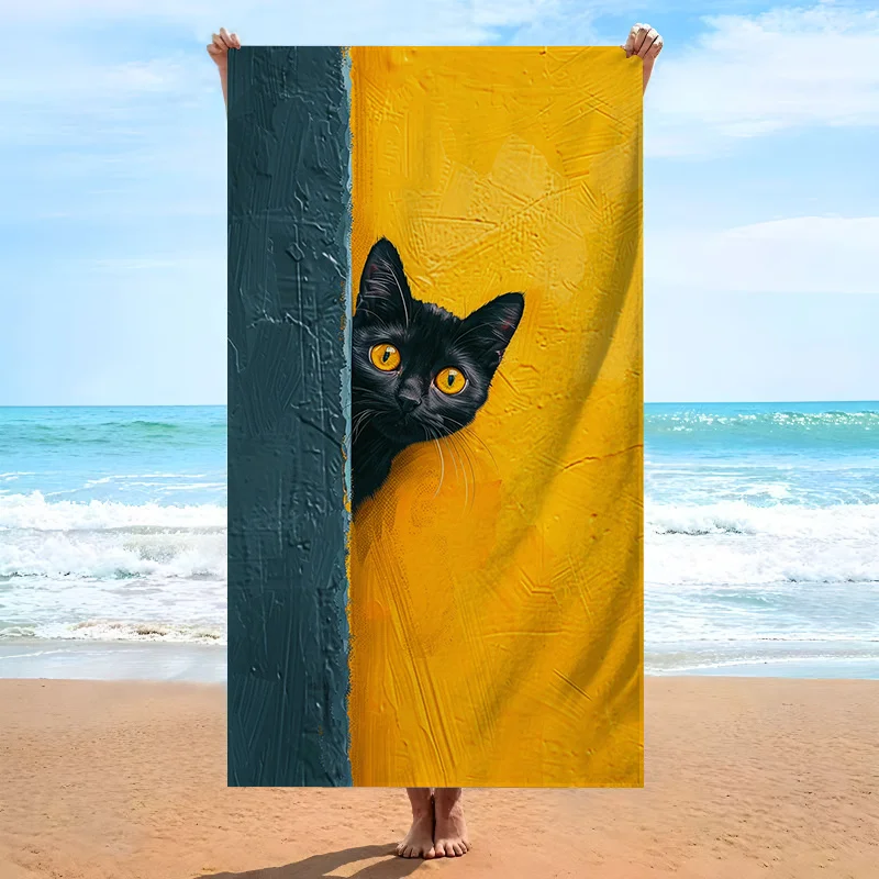 油絵黒猫覗き見ビーチタオル-2d-フラットプリント砂防止速乾マイクロファイバービーチプールヨガ夏休み用