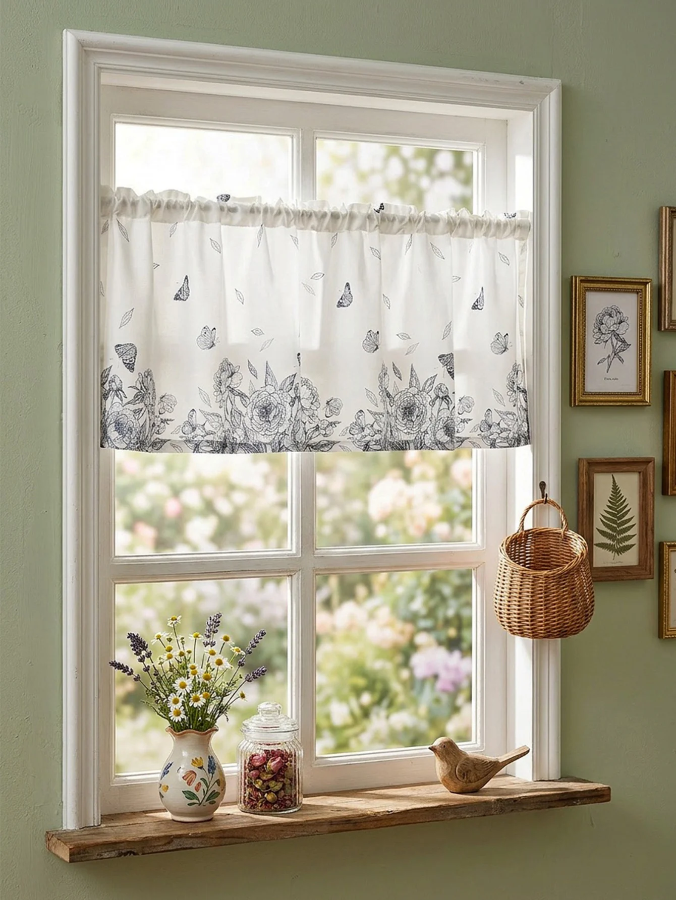 Semi Sheer Valance Curtains White Butterfly Print Valance Rod Pocket Small Curtains for Kitchen Cafe Bathroom Window Treatment