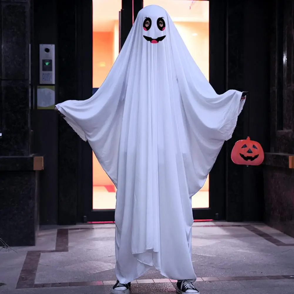 Role Play Costume Spooky Halloween Ghost Cloak Costume for Kids White Boo Ghost Cape for Boys Girls for Trick-or-treating