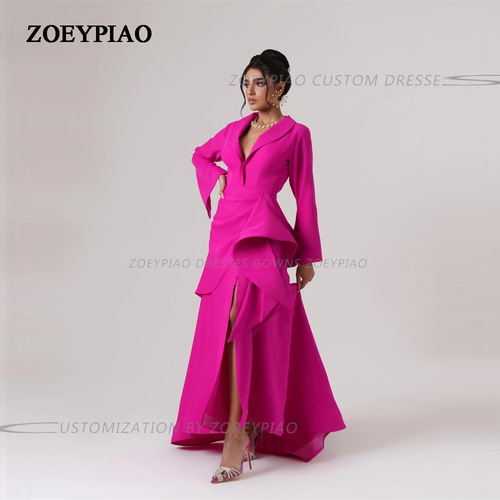 

Fuschia Long A Line V Neck Prom Dresses Side Slit Long Sleeve Tiered Formal Occasion Floor Length Arabic Evening Party Gowns