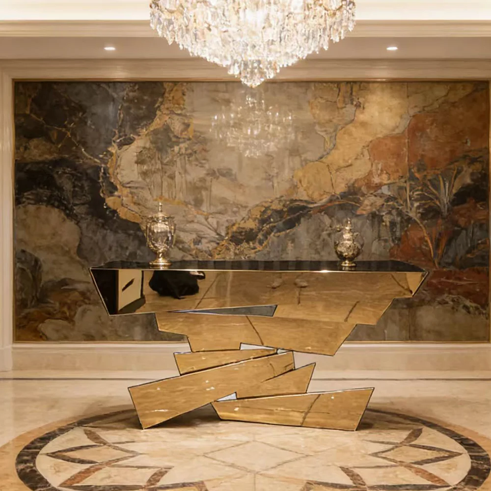 

mnHigh Quality Creative Stone Mirrored Console Table Stainless Steel Gold Frame Marble Top Entryway Living Room Furniture*