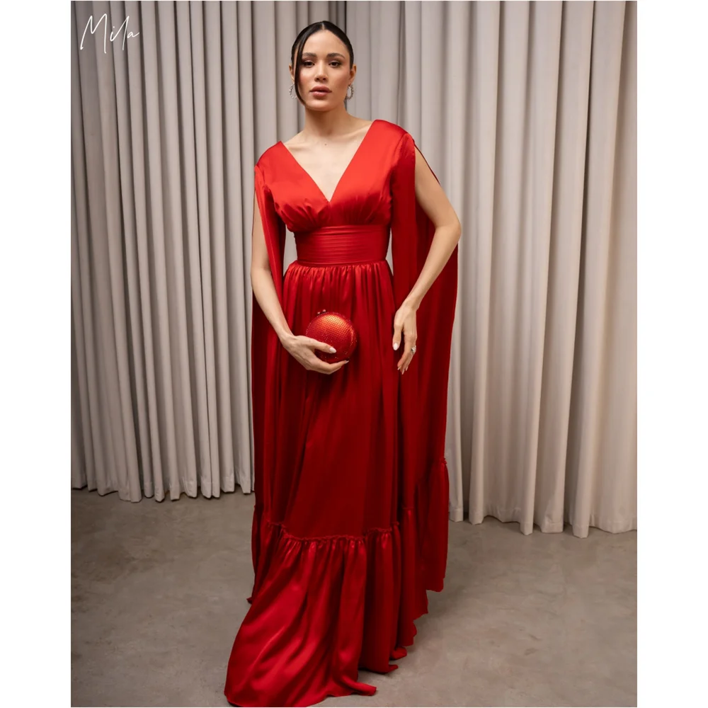 

Mila Red V Neck With Shawl Prom Dress Customized Simple A-line Backless Evening Dresses Elegant Floor-length vestidos de fiesta