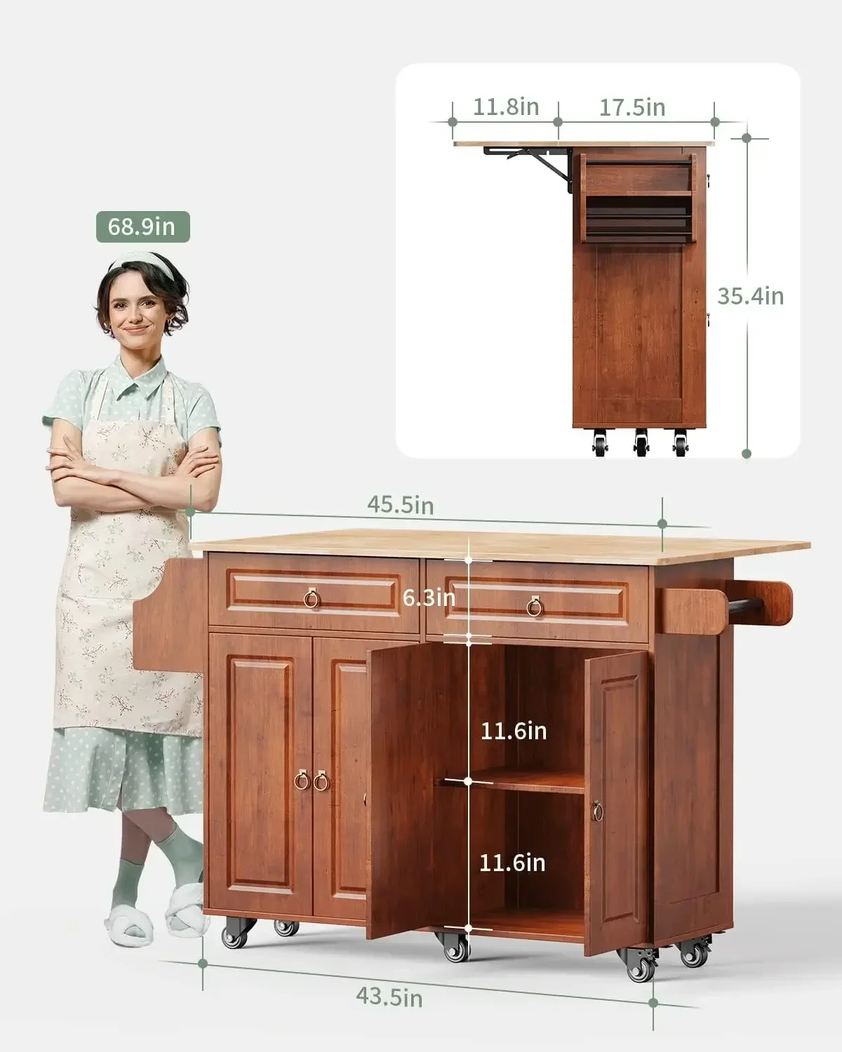 Kitchen Island with Drop Leaf and Storage, on Wheels Two Drawers, Large Storage Cabinet, Towel Rack Spice Cart Brown