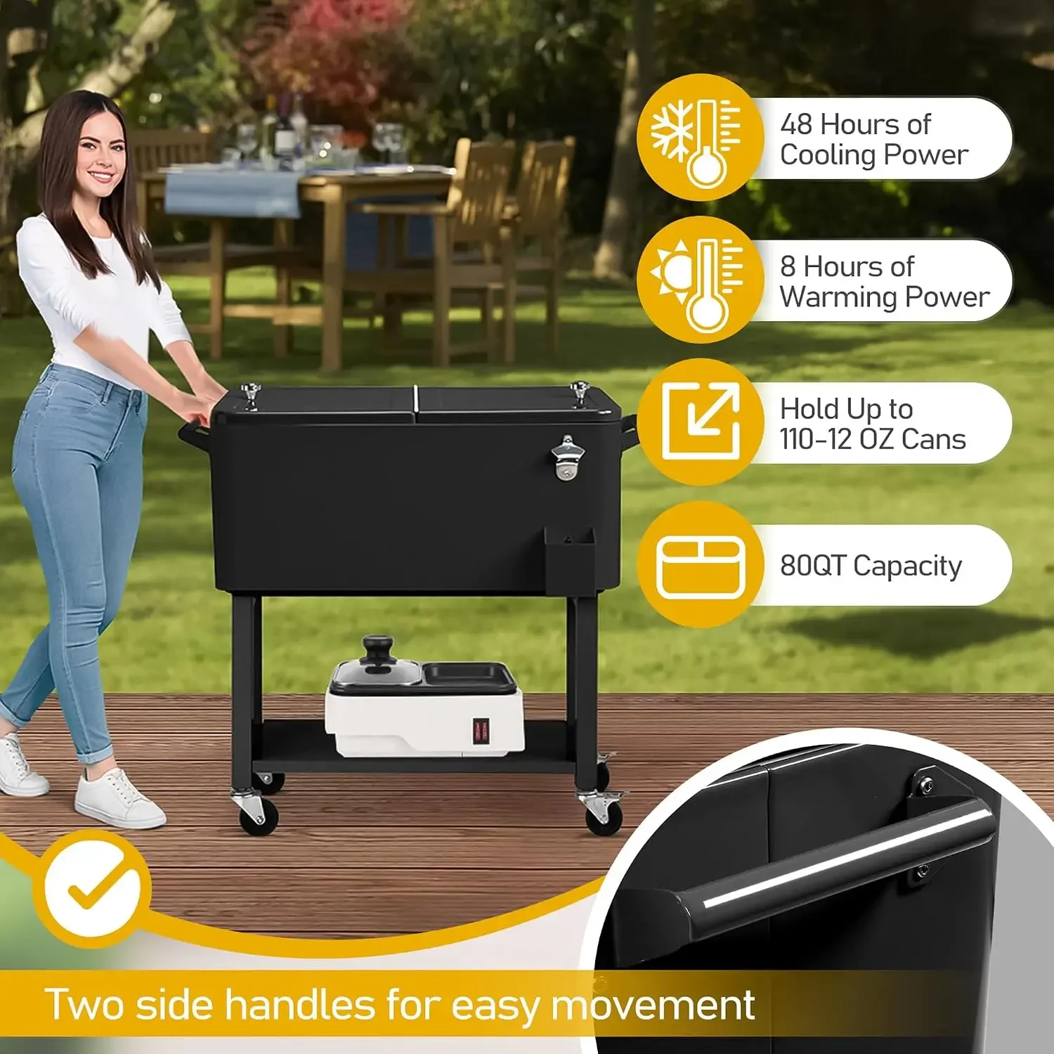 80 Quart Rolling Ice Chest Cooler Cart on Wheels, Portable Outdoor Drink Cooler & Beverage Cart for Patio Porch Deck Beach Party view 3