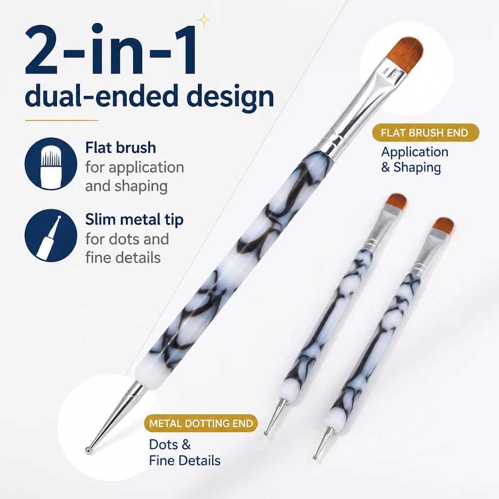 3PCS Dual Ended Nail Art Brush Set Dotting Pen Flat Gel French Builder Cuticle Clean Up Painting Manicure Salon Home DIY