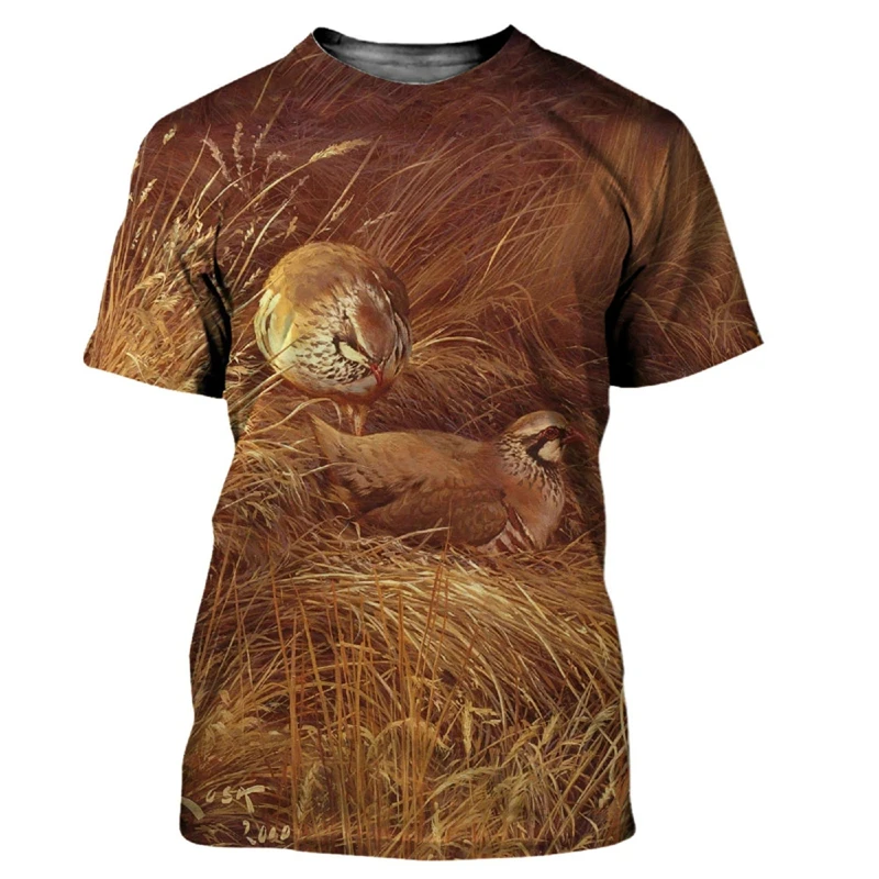 Zwierzęca przepiórka 3D T-shirt z nadrukiem kamuflaż leśny polowanie męskie koszulki z okrągłym dekoltem z krótkim rękawem oversize Harajuku Streetwear topy