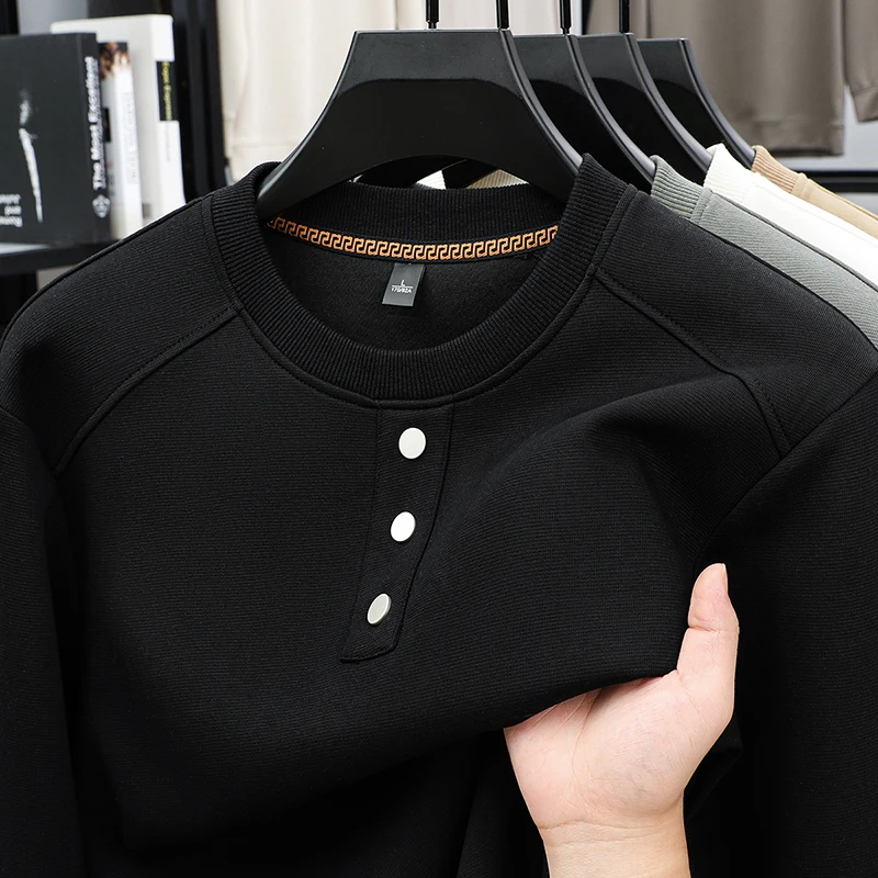 Luxury Men Long-Sleeved T-Shirt Mock Neck Solid Color Button Autumn New Hoodie British Style Hot Fashion Casual Men's Clothing