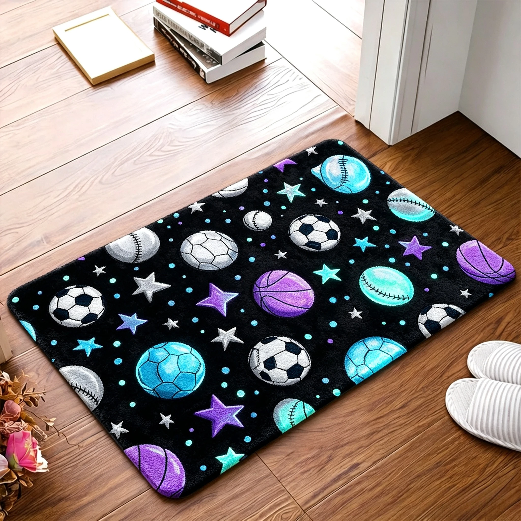 Sporty Decorative Floor Mat Colorful Basketball Soccer Baseball Star Print Home Entryway Indoor Theme Home Party Welcome Decor