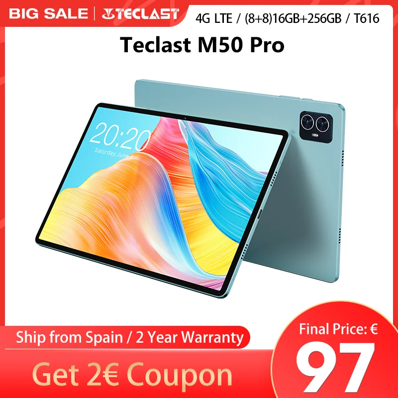 Teclast M50 Pro, Android 13 Tablet Pc, Unisoc T616 10.1 Inch, Eight Cores, 1920X1200 Fhd, (8Gb+8Gb)Max.16Gb Ram, 256Gb Rom, 4g Network, Dual Wifi, 6000Mah