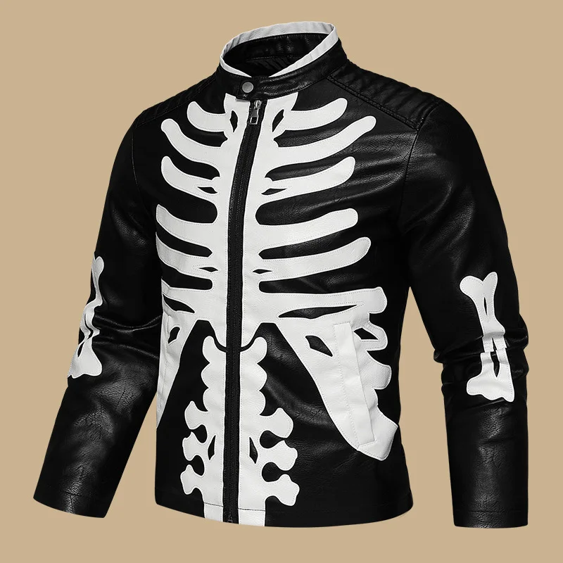 Autumn Men Jacket Streetwear Punk Contrast Color Male Leather Outerwear Stand Collar Long Sleeve Zipper Windproof Man Coat