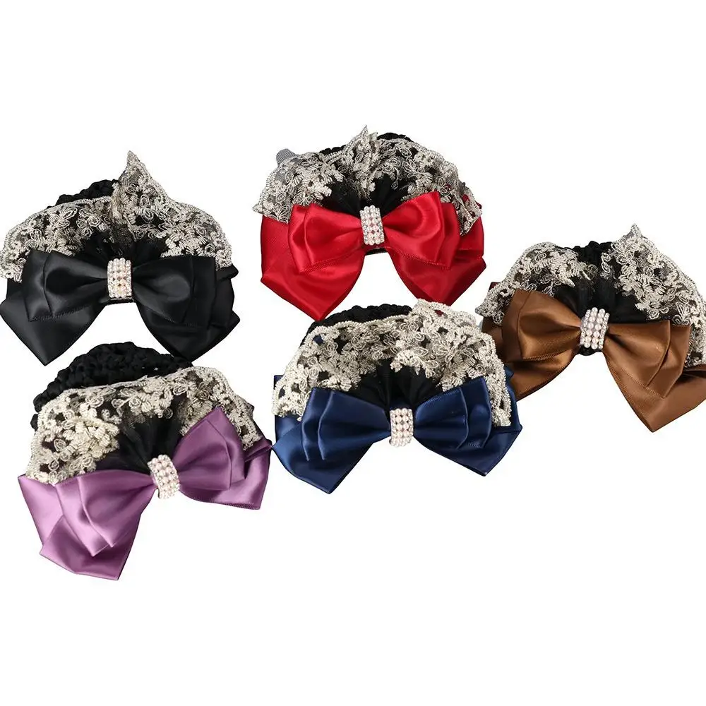 Women Ladies Hair Accessories Professional Lady Pearl Flight Attendant Bow Hair Net Lace Bow Hairgrips Hair Clip