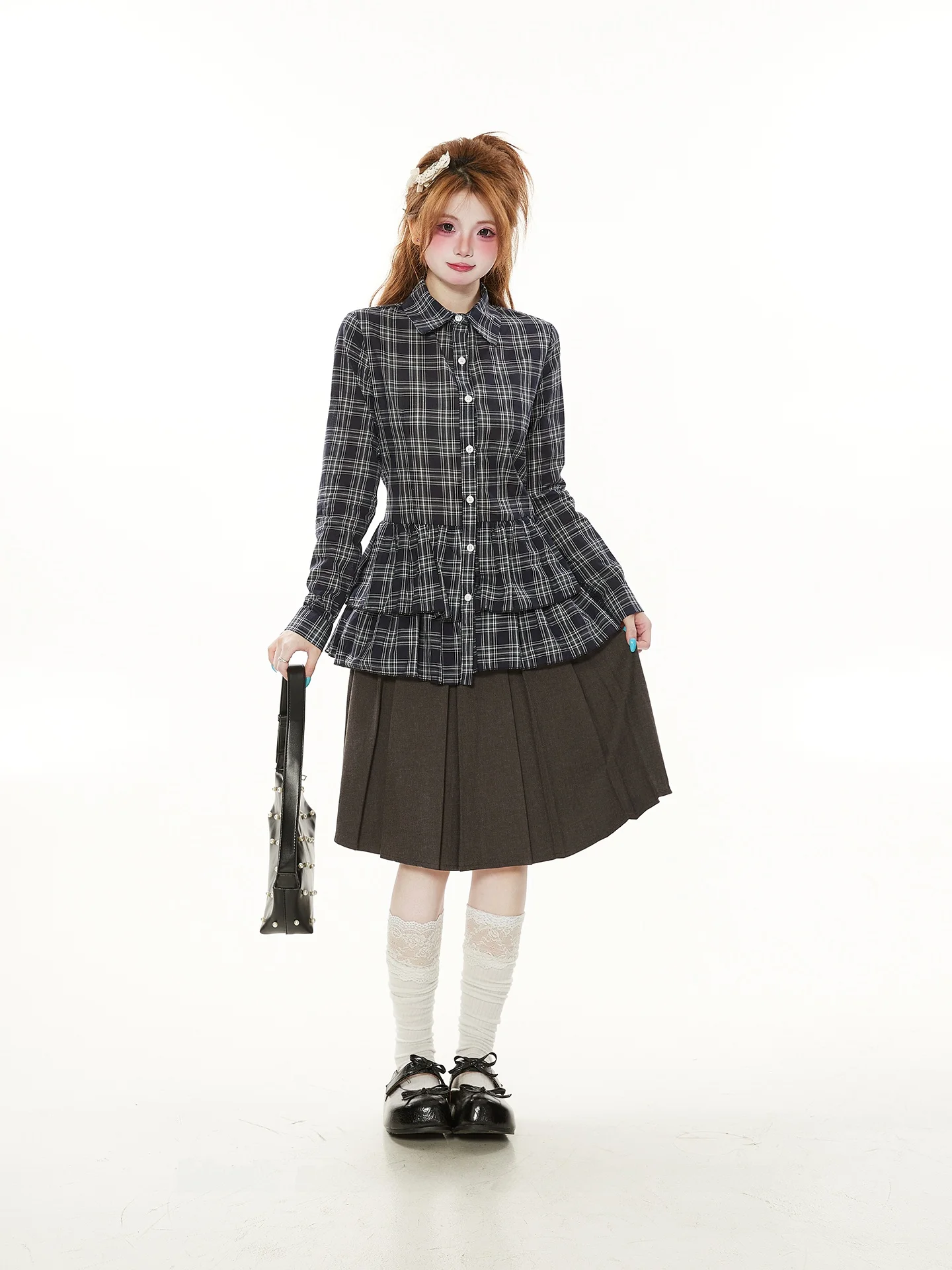 

Женская удлиненная рубашка в клетку для похудения, весенняя, в стиле кэжуал, с рукавами-рюшами, в студенческом стиле, из хлопка, в клетку «гингем», корейский свободный крой