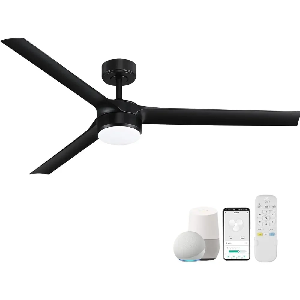 60” Large Smart Ceiling Fans with LED Lights and Remote,Indoor Outdoor Black Ceiling Fan Controlled by WIFI Alexa App,Quiet DC