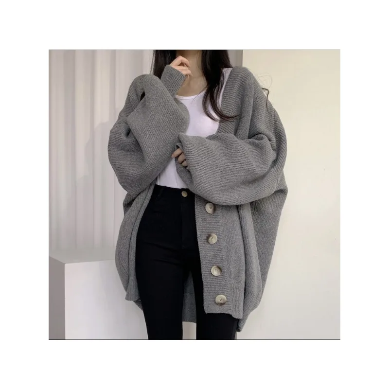 

Fashion High Street Autumn and Winter Casual V-Neck Single-Breasted Loose Lantern Sleeve Knitted Cardigan Sweater Jacket Ladies