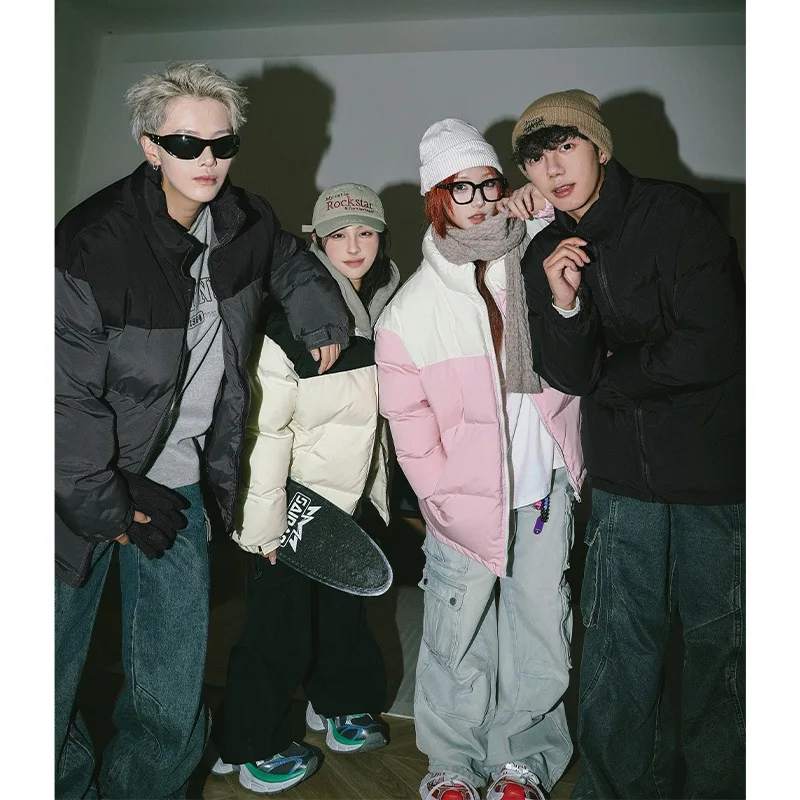 

Winter New Faion Thiened Cotton Jaet Stand Collar Men's Clothing Color Blo Contrast Couple's Outfit Long Zipper