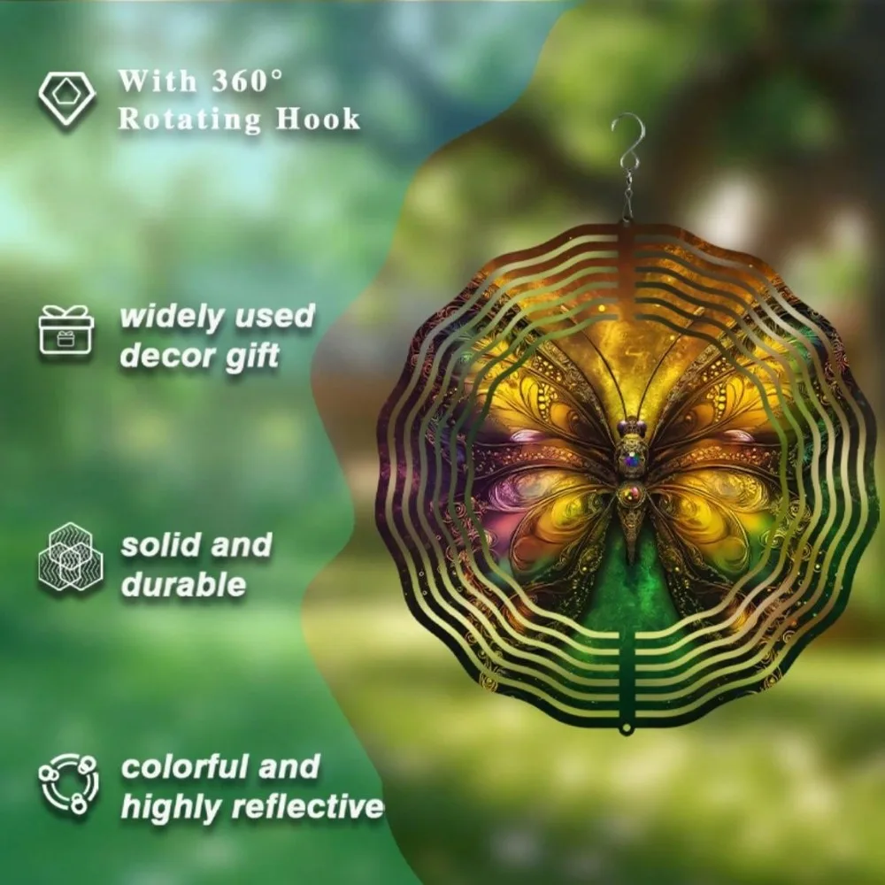 رنين الرياح على شكل فراشة ممتازة، ديكور فني معدني ملون مقاس 10 بوصات، 360 درجة °   خطاف دوار للحديقة والفناء والشرفة