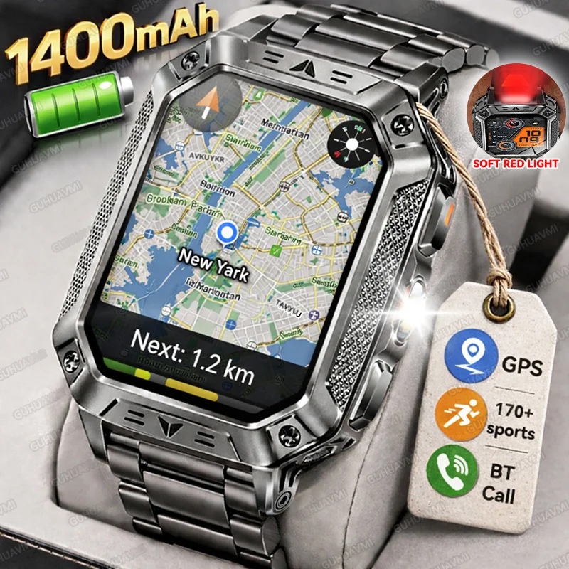

2026 Military 1400mAh Large Battery Smart Watch 2.01"AMOLED Screen Waterproof Sports Tracker Dual-Color Lamp GPS path Smartwatch