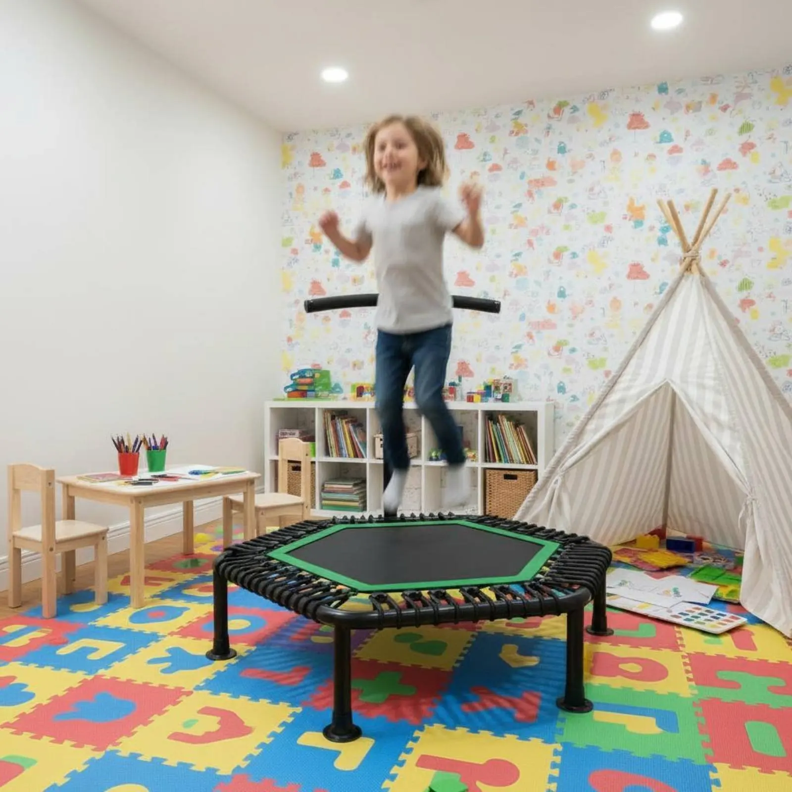 

Hexagonal Mini Trampoline Adjustable Handlebar Kids Trampoline with Handle Children's Rebounder with Bar Anti-Rollover Design