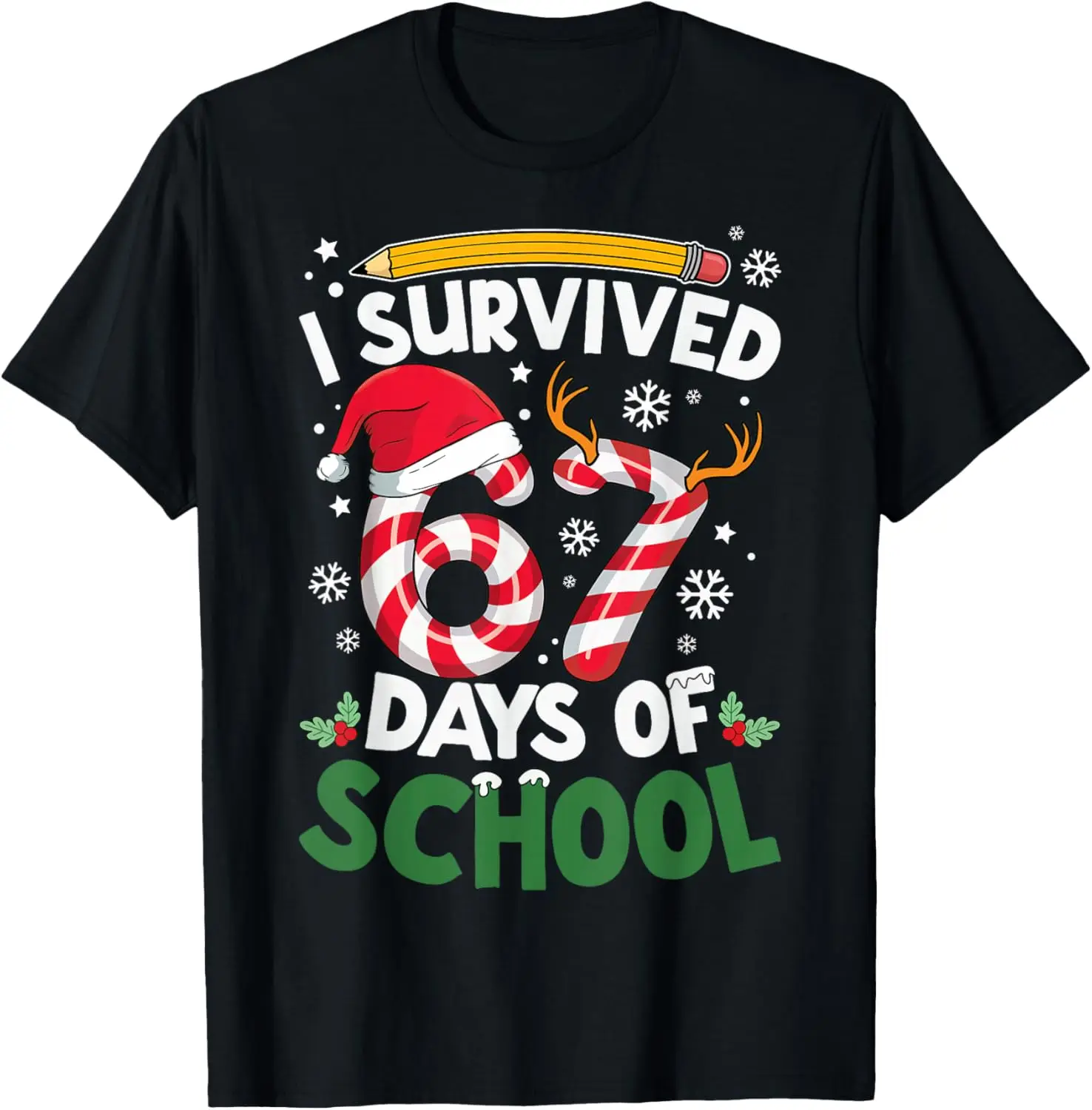 I Survived 67 Days Of School Christmas Teachers Students T-Shirt Summer Short-Sleeved Breathable Sweat-Wicking Versatile Fashion
