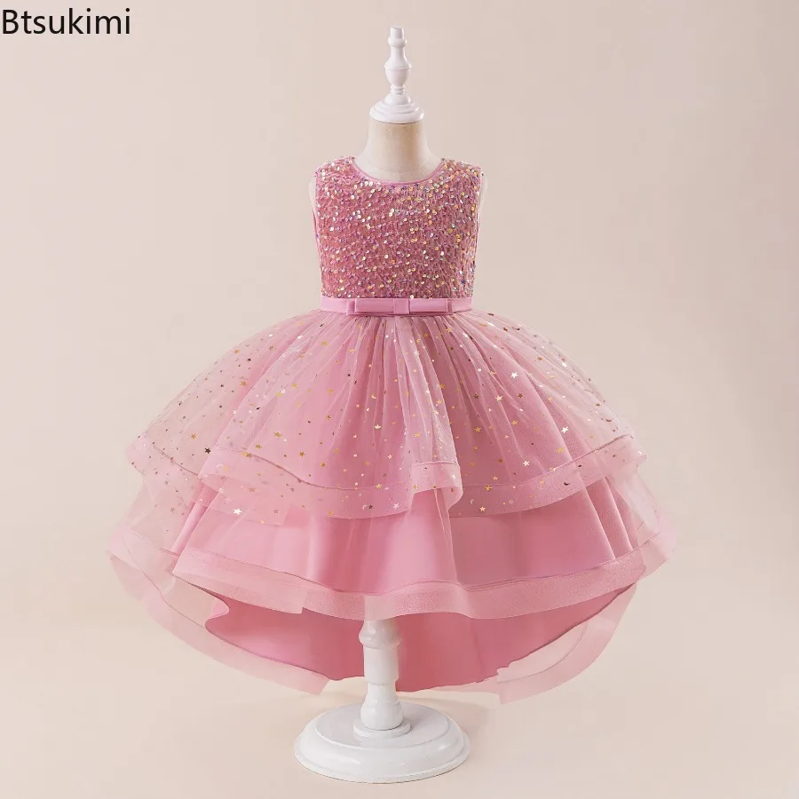 Girls Sequin Trailing Shining Party Dress Kids Fluffy Wedding Princess Gown Young Girl Lace Evening Clothes Children Flash Wear