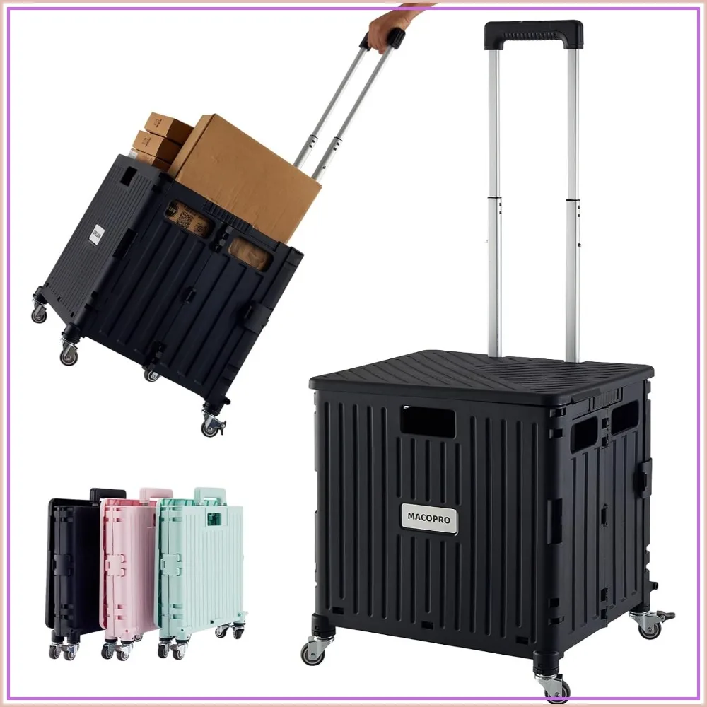 Folding Utility Cart Rolling Crate with Lid Basket 4 Wheels for Grocery Office Black