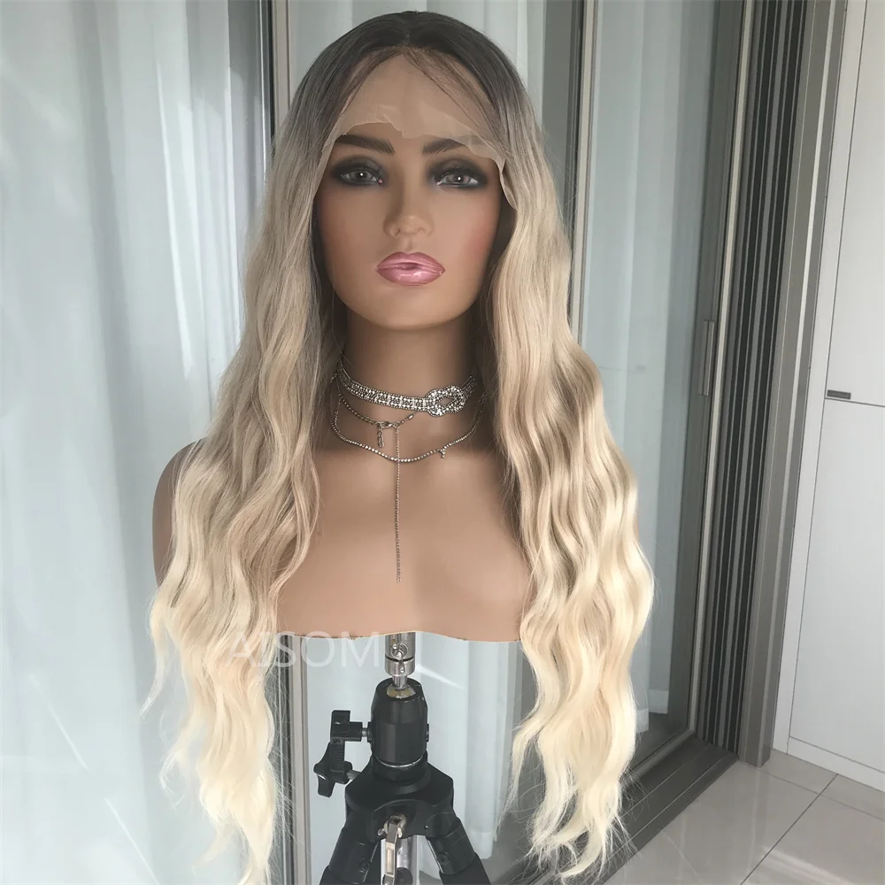 13x4 Lace Front Wig Deep Wave Synthetic Lace Wigs for Women Ombre Blonde Gray Long Wavy Heat Resistant Fiber Wigs Daily Use