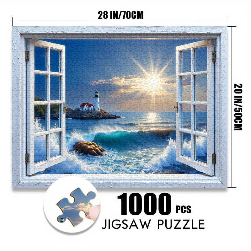 Puzzle en papier 500/1000 pièces, vue de fenêtre de phare de coucher de soleil de rêve, grand jeu familial interactif, résistant aux rayures, idée