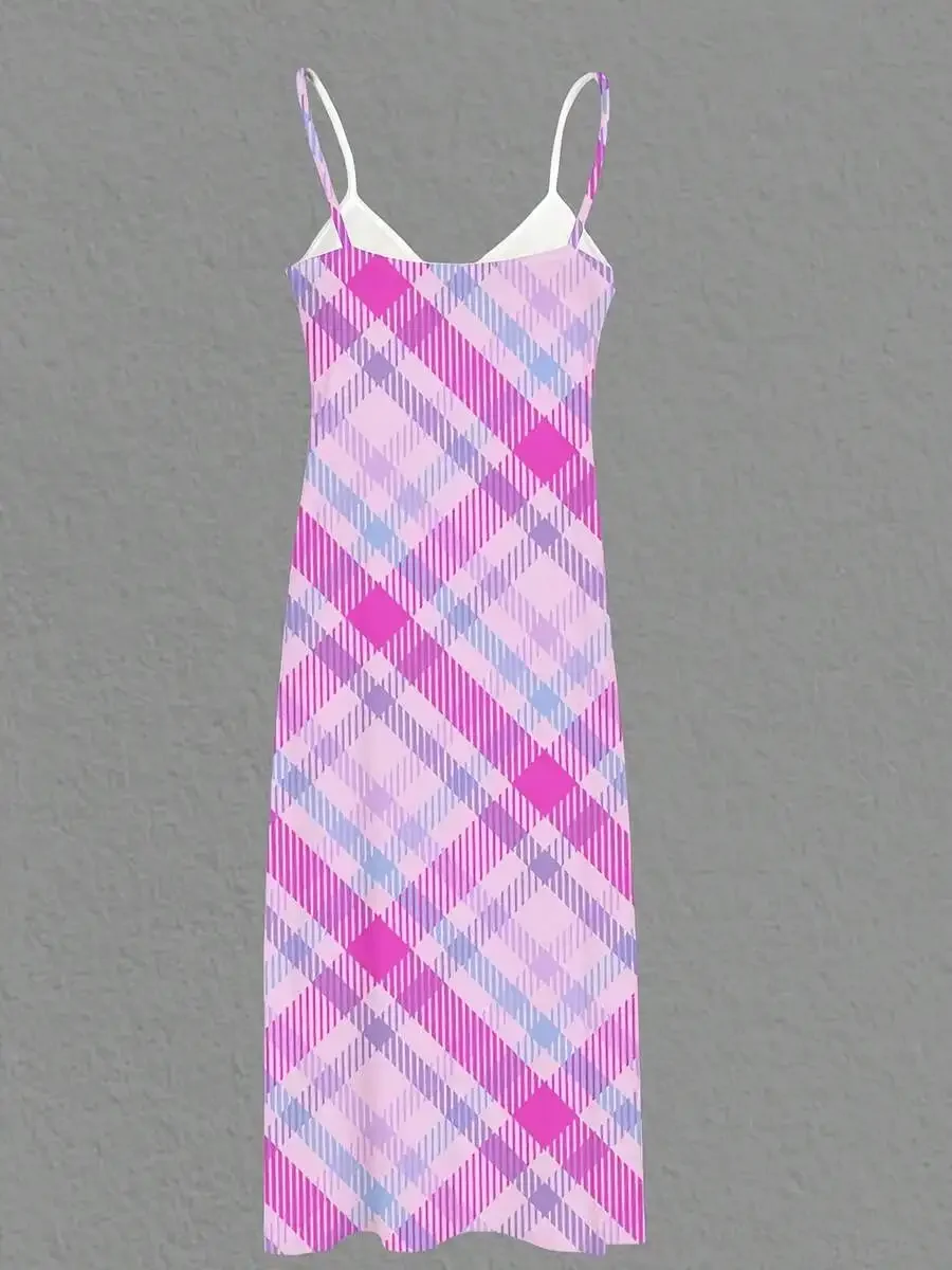

Women Sleeveless Maxi Dress Pink Purple Plaid Print Beach Summer Casual Long Dress