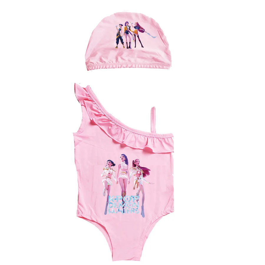 Pakaian KPop Demon Hunters Huntrix Pakaian Renang Anak Perempuan Musim Panas Satu Potong Baju Renang Anak-anak Set Biniki Renang Tanpa Lengan